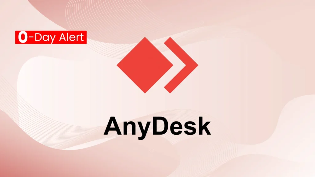 Red 0-Day Alert banner and AnyDesk logo with red diamond and arrow shapes above the bold text AnyDesk on a light pink abstract background.