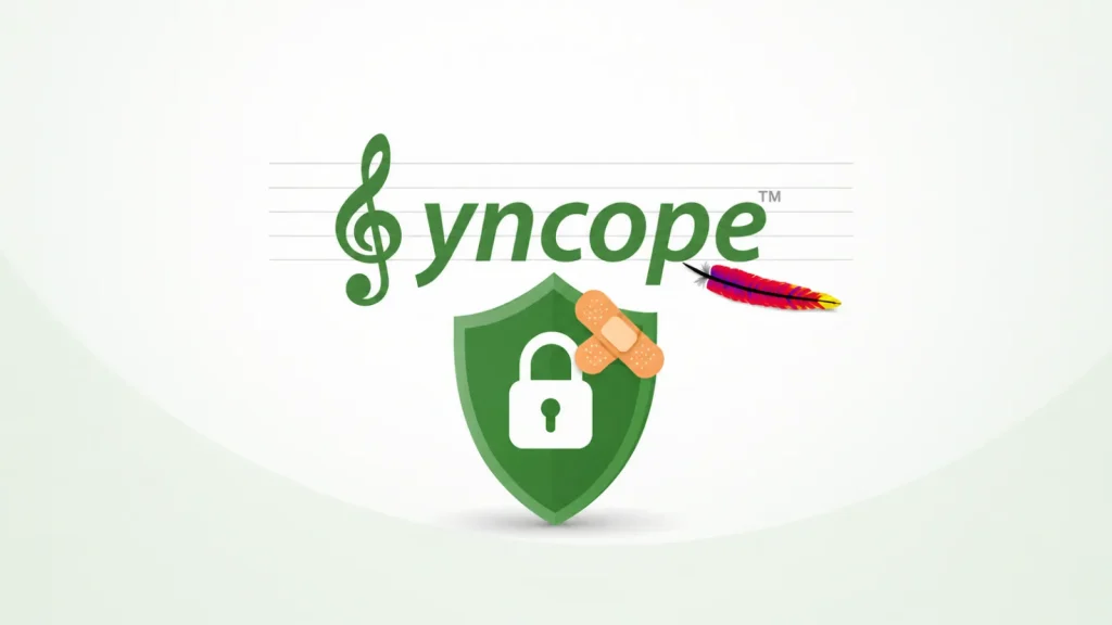 Apache-Syncope-releases-Patches-1-1024×576 Logo with a treble clef and the word Syncope above a green shield with a padlock and two bandages, plus an Apache feather logo to the right.