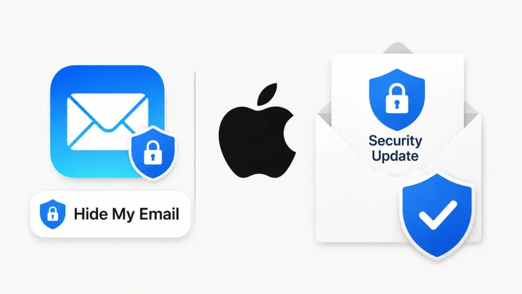 Apple logo surrounded by icons, including an envelope labeled Hide My Email with a shield, and an open envelope with a Security Update shield, representing Apple privacy and security email features.