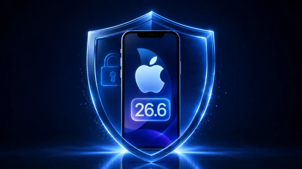A smartphone with the Apple logo and 26.6 on its screen stands in front of a glowing blue shield and lock symbol, representing security and protection.