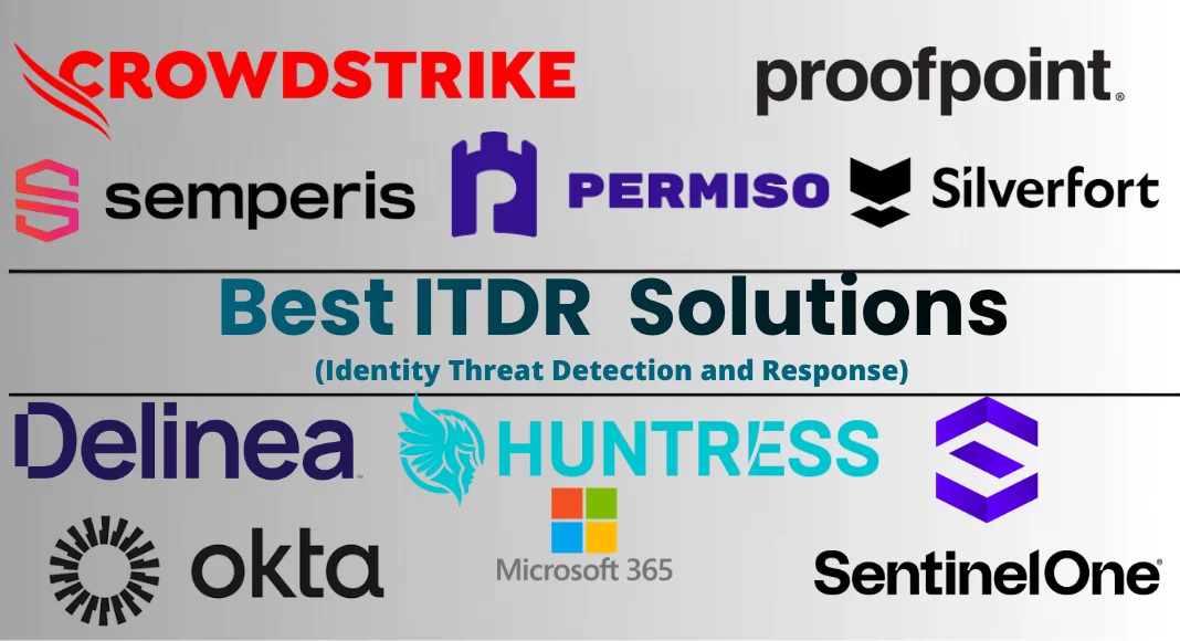 Best-Identity-Threat-Detection-Response-Solutions-1-1 (1) Logos and names of ITDR (Identity Threat Detection and Response) solution providers, including CrowdStrike, Proofpoint, Semperis, Permiso, Silverfort, Delinea, Huntress, Okta, Microsoft 365, and SentinelOne, on a gray background.