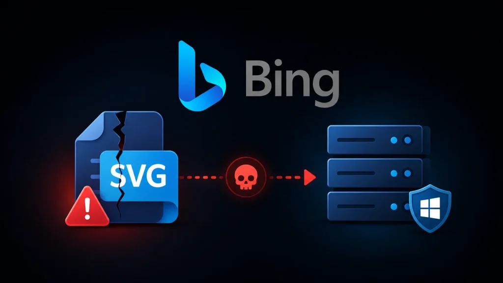 Illustration of a broken SVG file icon with a warning symbol, a dotted line leading to servers with a Windows logo, and the Bing logo above, suggesting a security issue.
