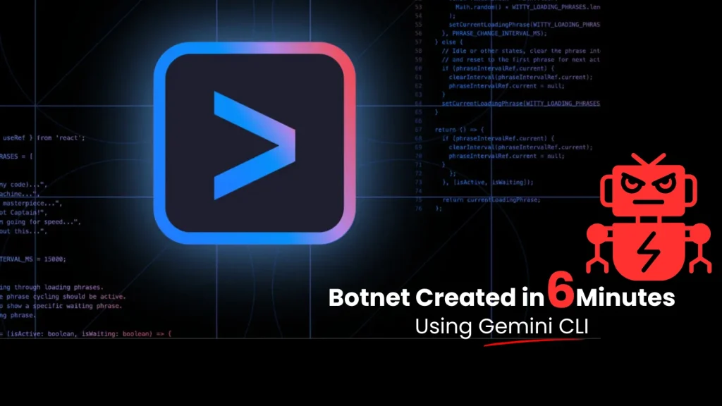 Botnet-Gemini-CLI-in-Six-Miutes-1024×576 A large icon resembling a command line prompt is centered over code. A red robot graphic appears beside text that reads Botnet Created in 6 Minutes Using Gemini CLI.