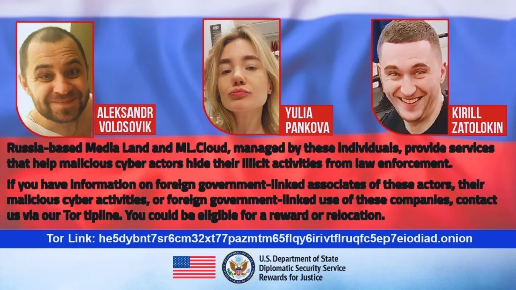 Bulletproof-Hosting-Helped-Hackers-1024×576 A warning notice features photos of Aleksandr Volosovik, Yulia Pankova, and Kirill Zatolokin, with information about their alleged illicit online activities. The U.S. Department of State seal is shown at the bottom.