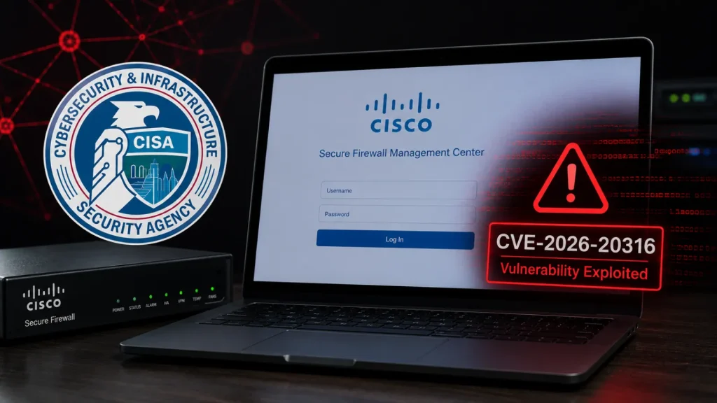 CISA-Warns-of-Cisco-Secure-Firewall-Management-Vulnerability-Exploited-in-Attacls-1024×576 A laptop shows Ciscos Secure Firewall login screen. Next to it, a warning reads CVE-2026-20316 Vulnerability Exploited. The CISA logo and a Cisco firewall device are also visible.