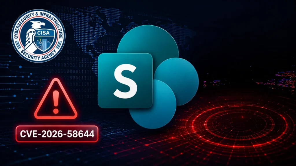 CISA-Warns-of-Microsoft-SharePoint-Code-Execution-Vulnerability-Exploited-in-Attacks-1-1024×576 CISA logo, SharePoint icon, a red warning sign, and text reading CVE-2026-58644 on a dark digital background with red circuit-like graphics.