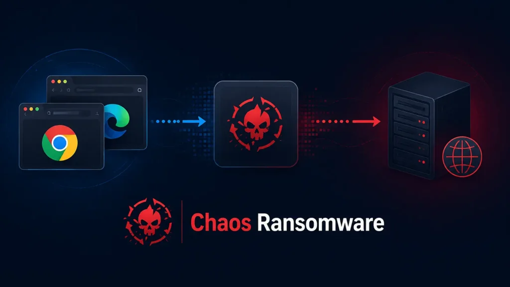 Chaos-Ransomware-Turns-Your-Chrome-and-Edge-Web-Browser-Into-an-Invisible-Malware-Command-Channel-1024×576 Diagram showing Chrome and Edge browsers leading to a red skull icon, which points to a server. Text reads Chaos Ransomware with a red skull logo. Dark background.