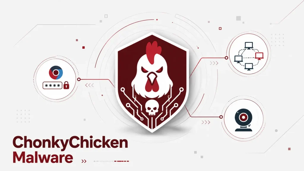 ChonkyChicken-Malware-Steals-Chrome-Credentials-Moves-Laterally-and-Spies-on-Victims-1024×576 Logo of an angry chicken on a shield with a skull, surrounded by icons representing cybersecurity threats. Text reads ChonkyChicken Malware. Red and gray digital-themed background.