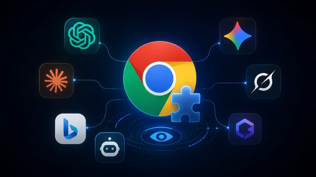 The Google Chrome logo surrounded by icons representing various AI tools and plugins, with lines connecting each icon to the central Chrome logo on a dark background.