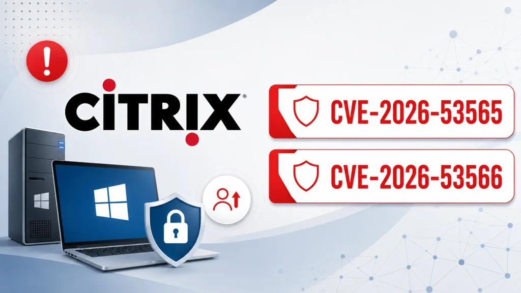 Citrix-Secure-Access-and-Endpoint-Vulnerability-1024×576 Citrix logo, desktop, and laptop with Windows logo, a shield icon, and two CVE warnings: CVE-2026-53565 and CVE-2026-53566. Background with tech design and alert symbols.