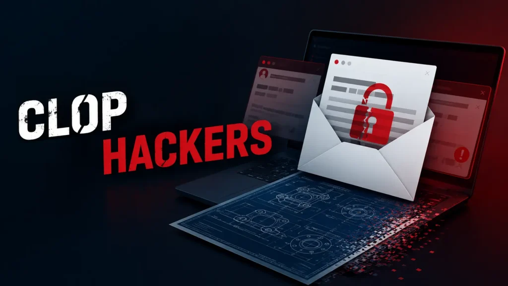 Cl0p-Hackers-Exploit-Windchill-Servers-to-Steal-Companies-Secret-Product-Designs-1024×576 A graphic showing Clop Hackers text, an open laptop, a digital envelope with a red unlocked padlock, and a blueprint-style computer screen, representing a cybersecurity breach.