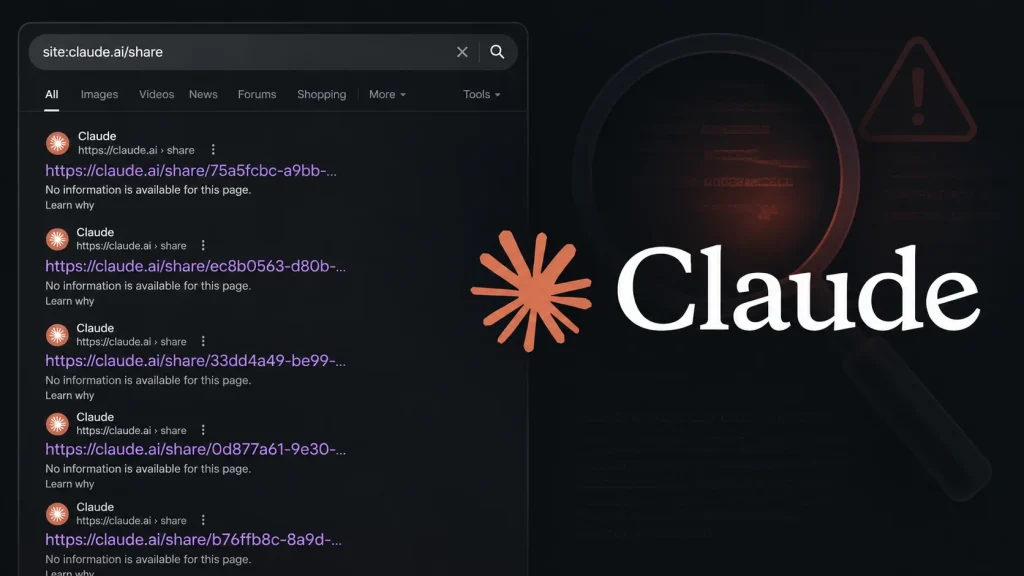 Claude-AI-Shared-Chats-1024×576 A dark-themed webpage shows Google search results for shared Claude.ai links. The Claude logo appears prominently on the right with a magnifying glass and warning icon faintly in the background.