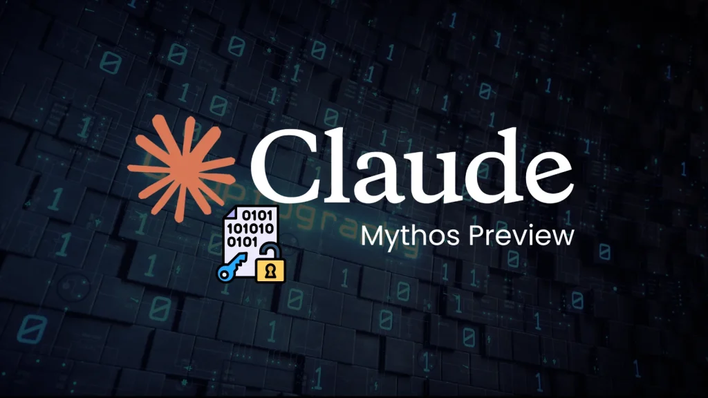 The image shows the Claude logo and text Mythos Preview on a digital background with binary code. There is also a key, binary numbers, an open lock, and a closed lock icon below the logo.