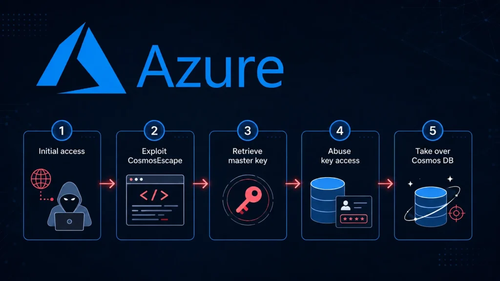 CosmosEscape-Vulnerability-1024×576 A flowchart of an Azure security breach: initial access, exploit CosmosEscape, retrieve master key, abuse key access, then take over Cosmos DB. Azure logo at the top.