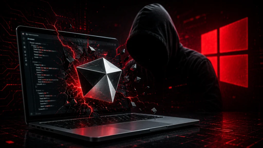 Critical-Cursor-0-Day-Flaw-1024×576 A hooded figure stands behind a laptop displaying code, with a shattered 3D geometric shape and a glowing red Windows logo in the background, evoking themes of hacking and cybersecurity threats.