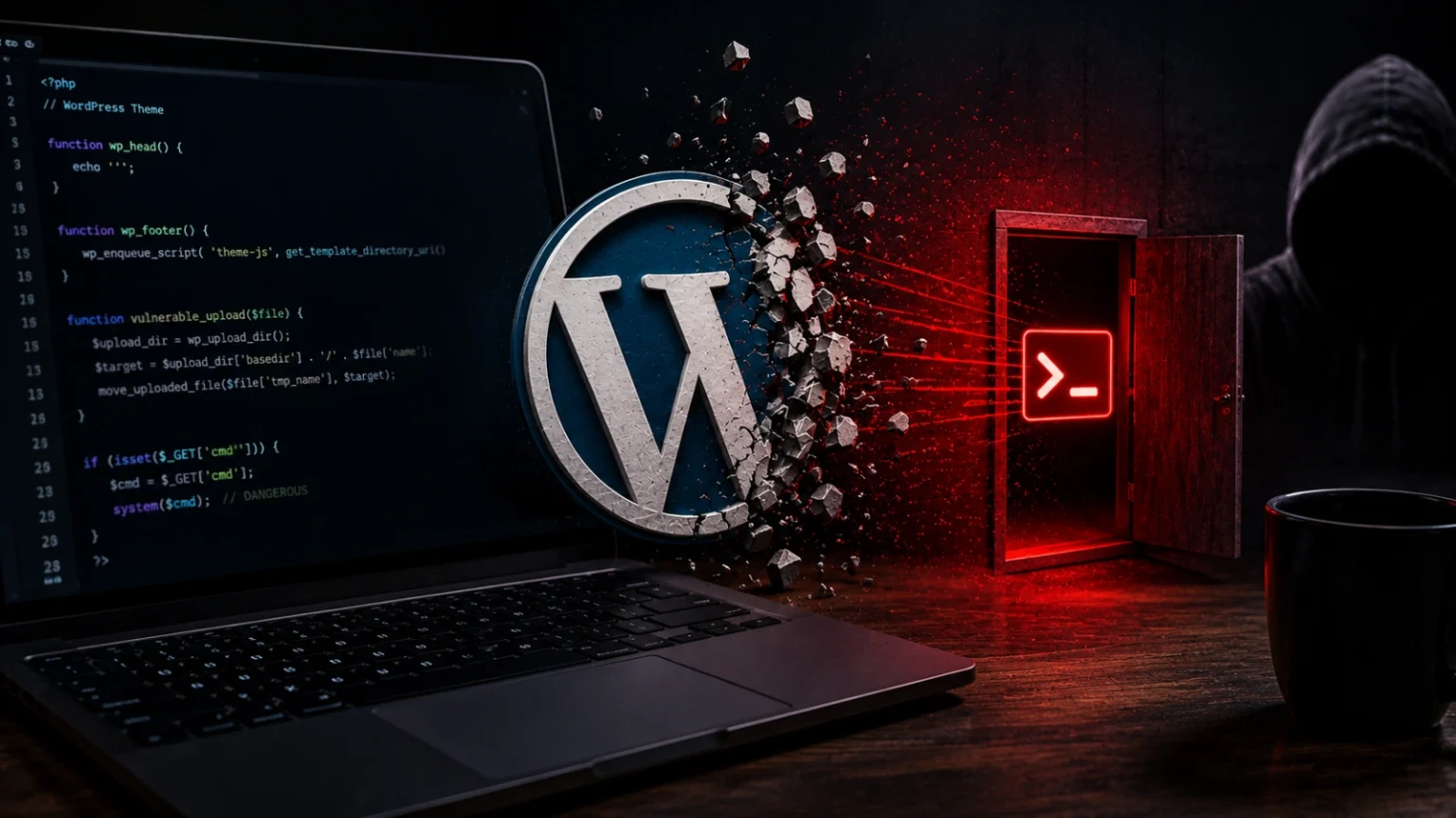 A laptop with code on screen sits next to a large WordPress logo breaking apart, facing a red command prompt icon emitting digital beams, on a dark wooden table.