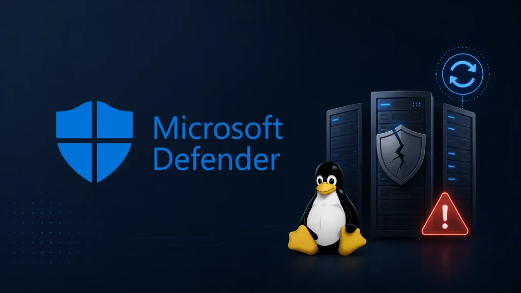 Microsoft Defender logo, Tux the Linux penguin, and server racks with a cracked shield and warning icon, suggesting a security issue involving Linux servers.