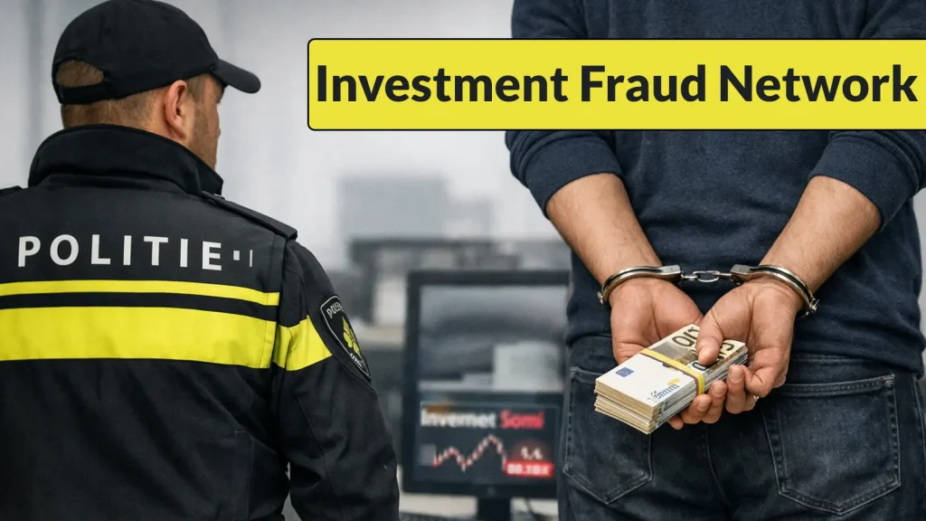 A police officer faces a handcuffed person holding cash. A screen shows Investment Scam, and a banner reads Investment Fraud Network.