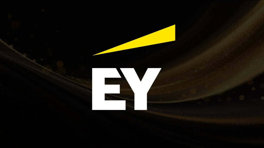 The EY logo with bold white letters “EY” and a yellow angled line above, set against a dark background with subtle gold accents.