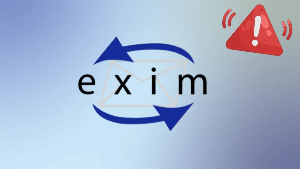 Exim logo with blue arrows and a mail envelope in the background. A red warning icon with an exclamation mark appears in the top right corner, indicating an alert or caution.
