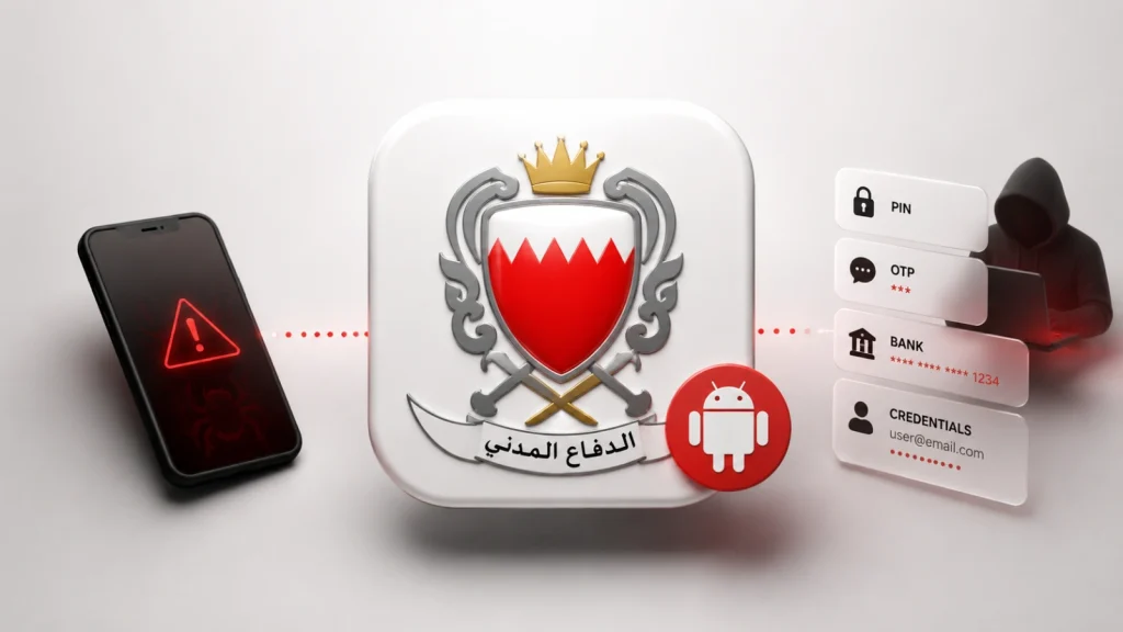 Phone with warning, Bahrain emblem in center, Android icon, and hacker figure accessing PIN, OTP, bank, and credentials. Text in Arabic below emblem.
