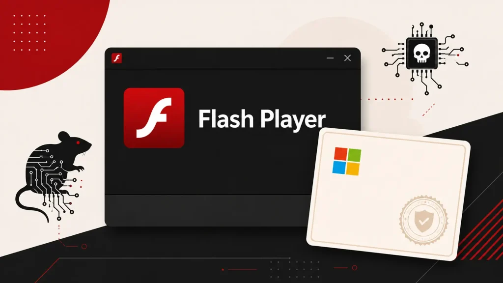 Illustration of a Flash Player window, a Windows logo, a mouse silhouette, and a circuit with a skull, suggesting security risks associated with Flash Player.