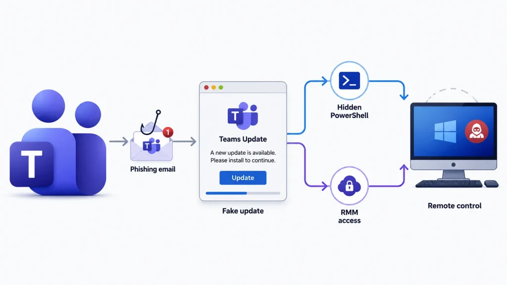 Diagram showing a phishing attack via a fake Microsoft Teams update, leading to hidden PowerShell execution, RMM access, and remote control of a Windows computer by an attacker.