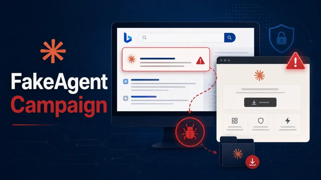 FakeAgent-Campaign-Uses-Malicious-Bing-Ads-and-Claude.ai-Artifacts-to-Infect-Corporate-Users-1024×576 A computer screen shows search results and warning icons for malware. Text reads “FakeAgent Campaign.” The image highlights cybersecurity threats and alerts about fake agents in online search results.