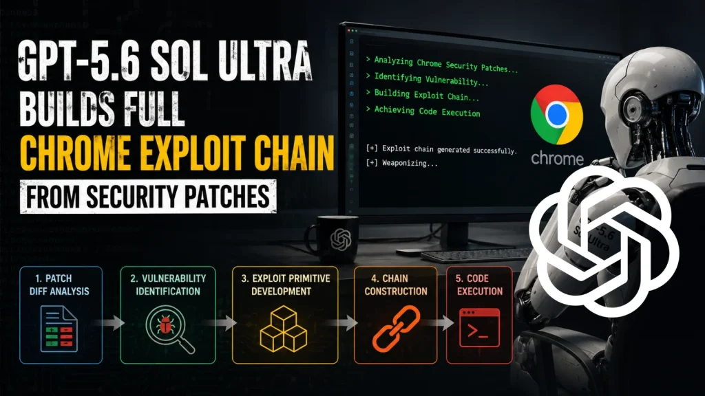 A robot analyzes code on a computer with a Chrome logo on screen. Text reads: GPT-5.6 SQL Ultra builds full Chrome exploit chain from security patches. Five-step process icons are shown at the bottom.
