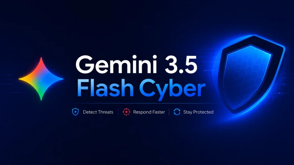 Gemini-Cyber-1024×576 Dark background with the text Gemini 3.5 Flash Cyber beside a glowing shield icon. Below, three icons with text: Detect Threats, Respond Faster, and Stay Protected.