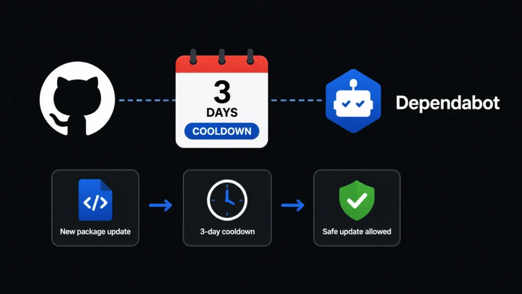 A flowchart shows GitHub and Dependabot with a 3-day cooldown between a new package update and allowing a safe update, including icons for code, a clock, and a shield.