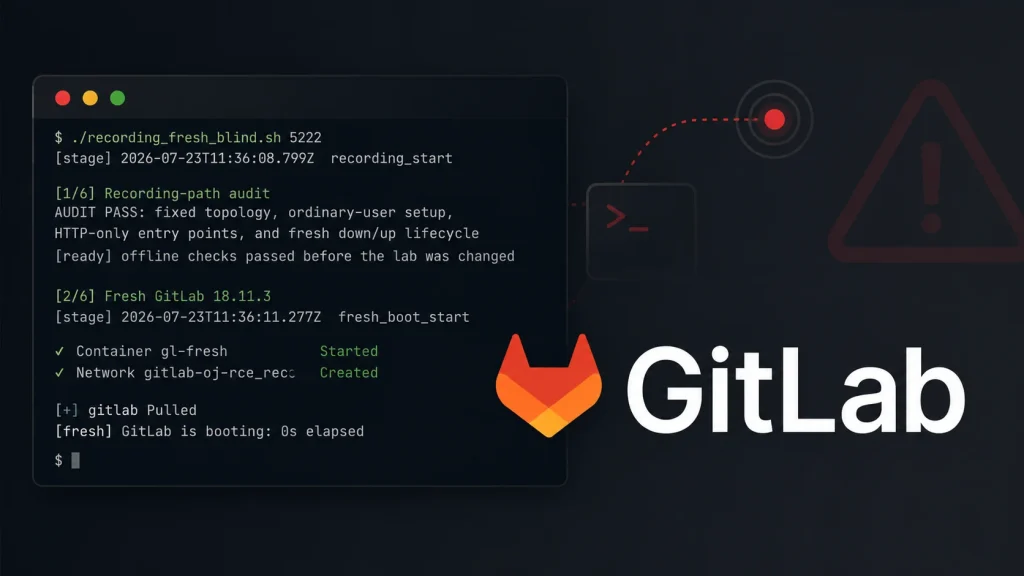 A dark-themed screen shows GitLabs logo, terminal commands, and system logs, indicating GitLab processes starting. Red warning icons and abstract digital elements are in the background.