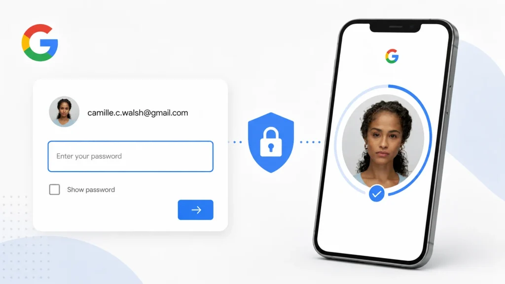 A Google login screen shows a password field and a show password option, next to a phone displaying facial recognition for login verification, indicating two-factor authentication.