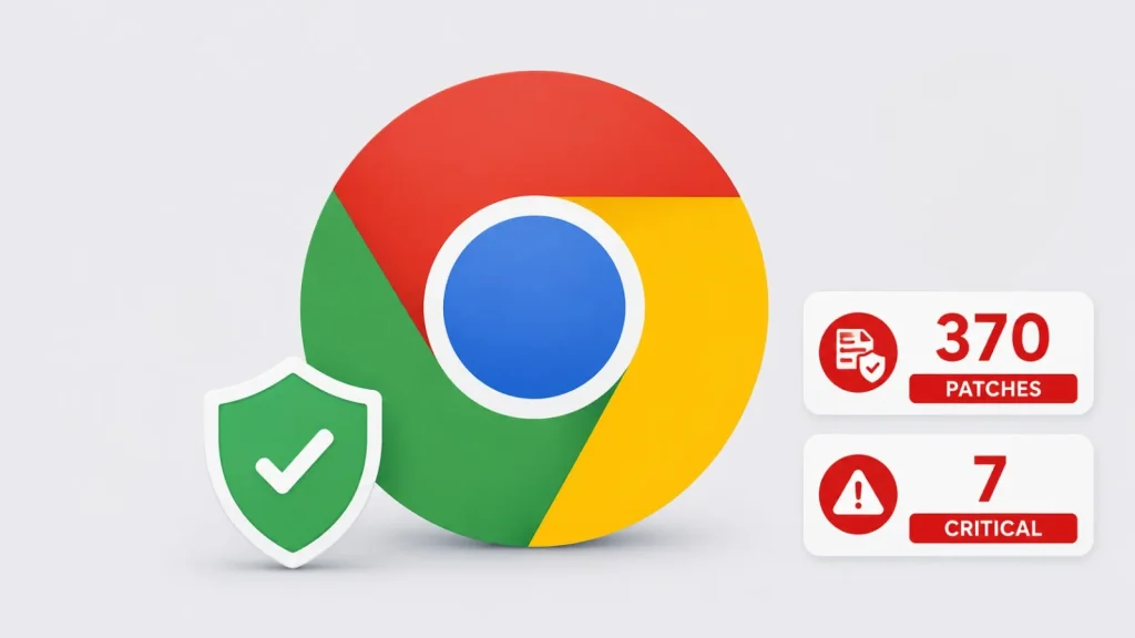 Google Chrome logo with a shield and checkmark, next to boxes showing 370 patches and 7 critical issues, indicating security updates and vulnerabilities.