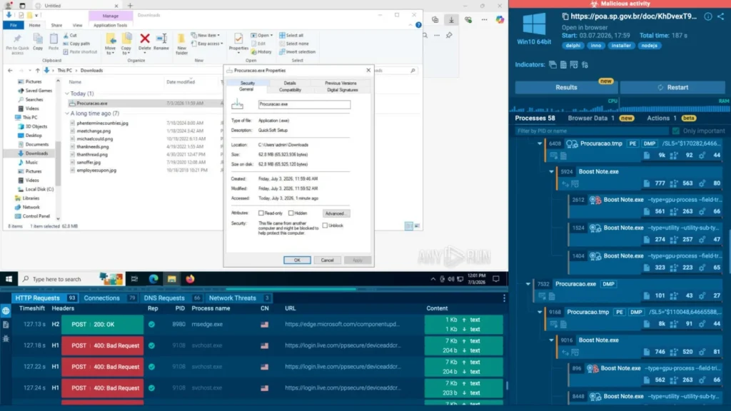 A computer screen shows multiple windows: a file explorer, a file properties dialog, network monitoring tools, and task manager, displaying running processes and HTTP request logs.