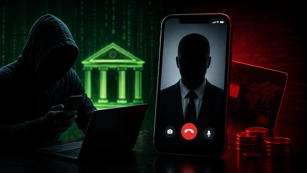 Hackers-Abuse-FaceTime-Calls-1024×576 A hooded figure uses a laptop and phone beside a smartphone showing a shadowy person, with a bank icon, credit card, and coins in the background, all in dark, dramatic lighting.