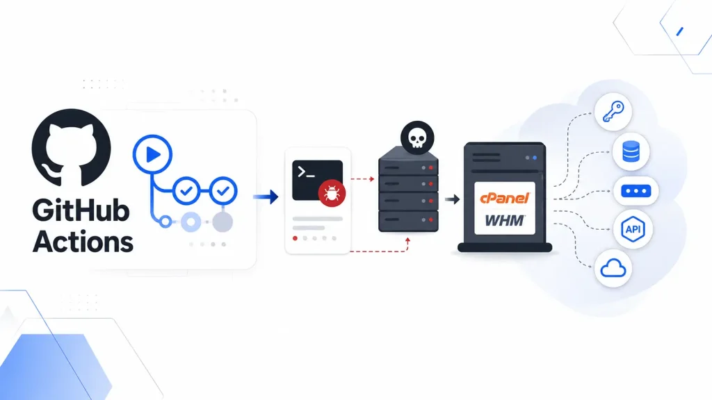 Diagram showing GitHub Actions, a script with a bug, a server with a skull, a cPanel/WHM server, and multiple cloud services, illustrating a workflow or potential security issue.