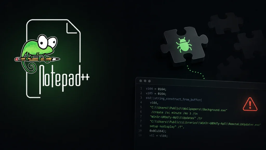 Hackers-Abuse-Notepad-Plugins-1024×576 Notepad++ logo with a gecko and pen on the left; on the right, puzzle pieces show a bug icon and a code window with an error symbol, suggesting a programming or malware issue.