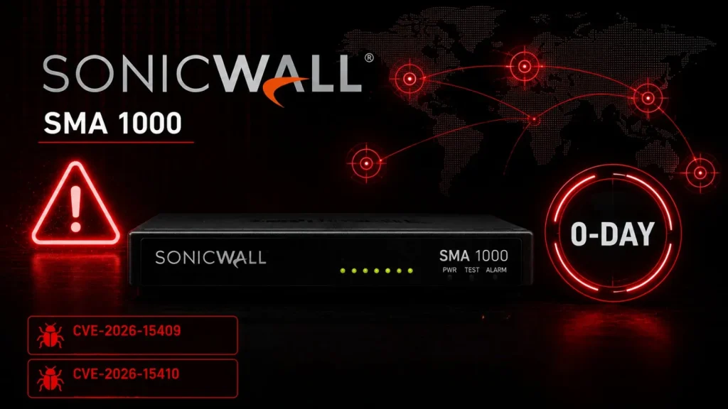Hackers-Actively-Exploiting-SonicWall-SMA1000-0-Day-Vilnerability-in-the-Wild-1-1024×576 SonicWall SMA 1000 device with warning icons, 0-day alert, CVE-2026-15409, CVE-2026-15410, and a world map in a red and black color scheme.