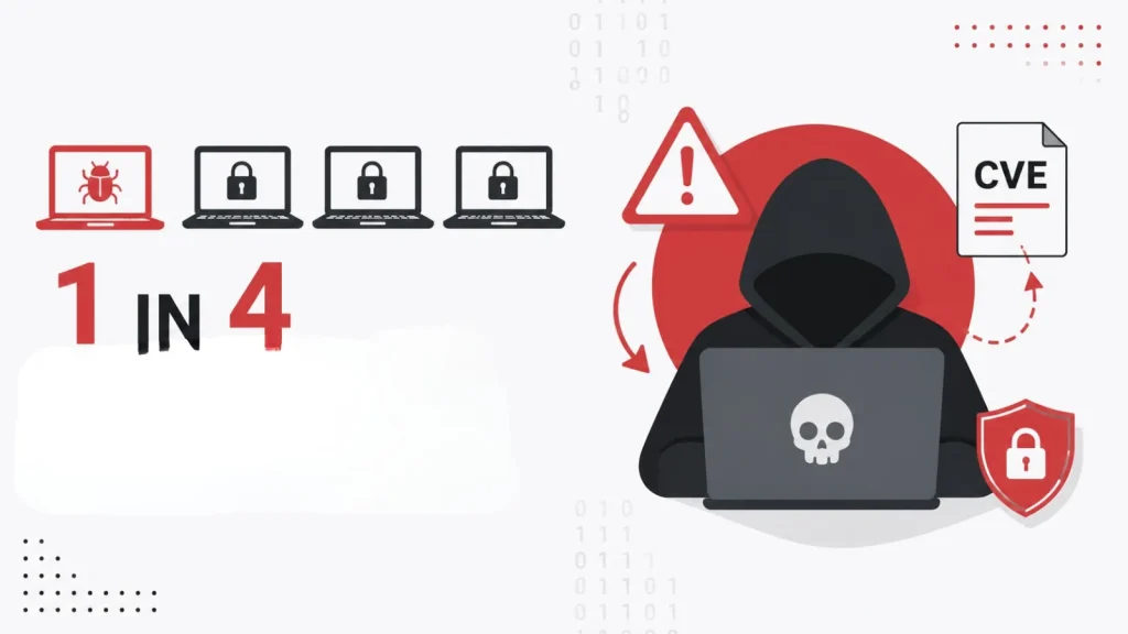 Hackers-Are-Exploiting-Nearly-One-in-Four-Vulnerabilities-Before-Defenders-Get-a-CVE-1-1024×576 Illustration of a hooded figure at a laptop with a skull, surrounded by cybersecurity icons, and 1 in 4 next to four laptops, one with a bug symbol.