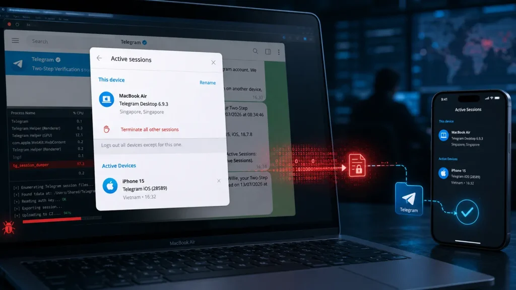 Hackers-Dont-Crack-Telegram-2FA—They-Copy-Your-Already-Logged-In-Session-1024×576 A laptop and smartphone display Telegrams active sessions, highlighting device security. A data transfer visual shows connection, with a security alert on the laptop’s screen. Background is dark with blue and red lighting.