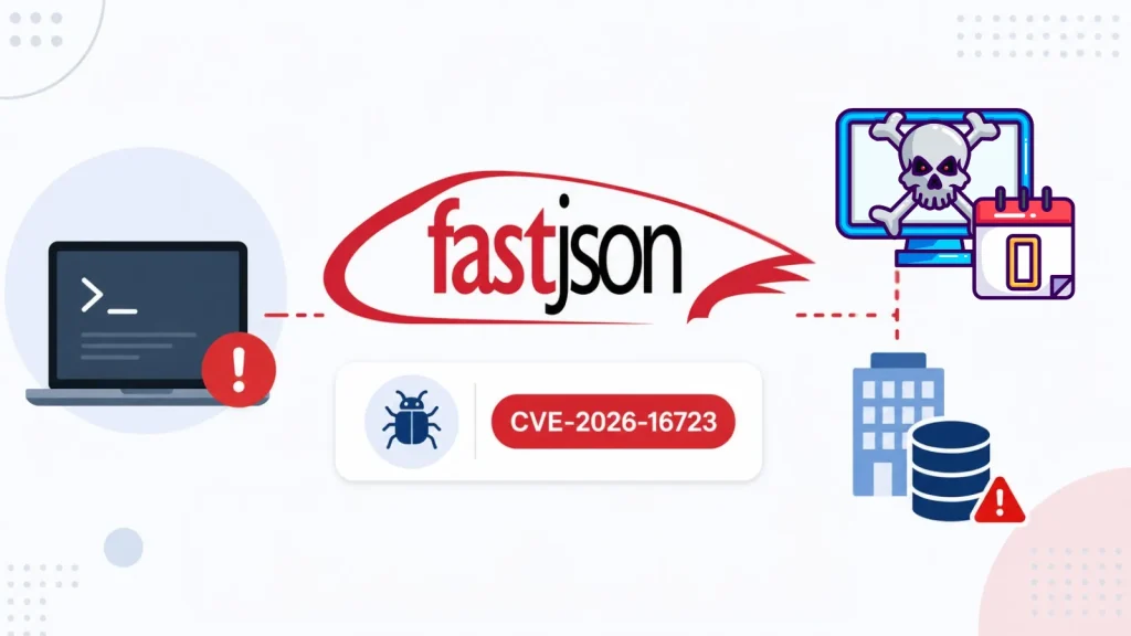 Illustration showing a Fastjson logo, a bug alert labeled CVE-2026-16723, a laptop with a warning, and a computer with a skull, highlighting a security vulnerability.