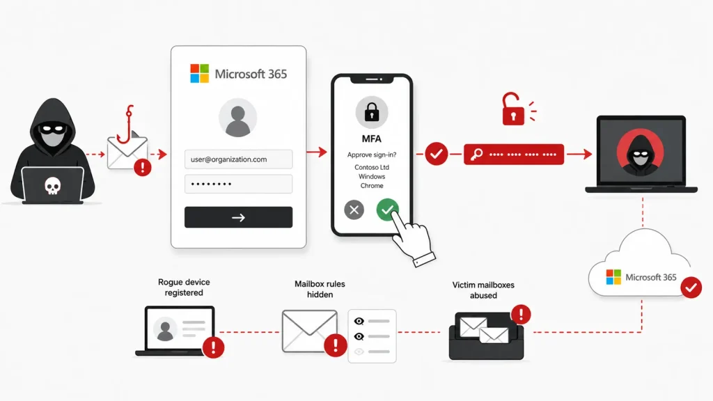 Diagram of a phishing attack on Microsoft 365: hackers steal login details, bypass MFA, access accounts, register rogue devices, hide mailbox rules, and abuse victim mailboxes, depicted with icons and arrows.