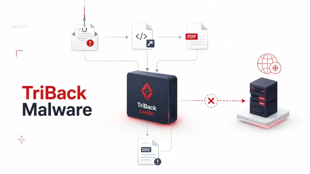 Hackers-OPSEC-Mistake-Exposed-a-Global-Espionage-Campaign-and-Its-New-TriBack-Malware-1024×576 Diagram showing TriBack Loader malware receiving files, including PDFs and DOCs, and connecting to a server, with arrows and icons indicating data flow and security threats. TriBack Malware text is on the left.