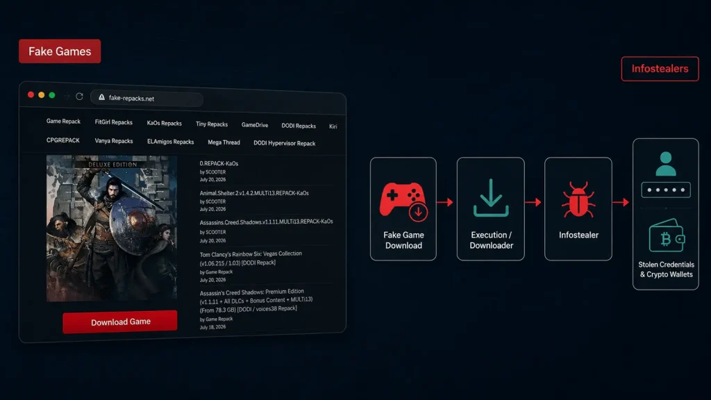 Hackers-Turn-Fake-Games-Into-Multi-Stage-Infostealers-That-Steal-Passwords-and-Crypto-Wallets-1024×576 A diagram shows fake game downloads leading to info-stealing malware, which then steals credentials and crypto wallets. The process is illustrated with icons and a screenshot of a fake game website.
