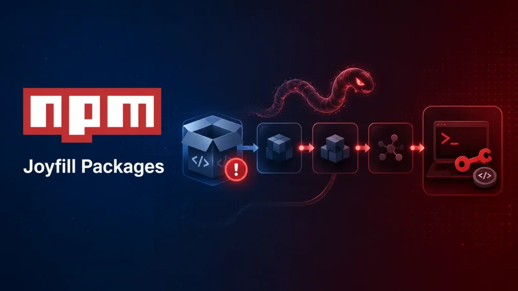 Hijacked-Joyfill-npm-Packages-Deploy-Worm-Like-RAT-and-Steal-Developer-Credentials-1024×576 NPM logo with Joyfill Packages, code package icons, a red warning symbol, a snake, and a terminal with a wrench, suggesting a security threat in npm packages.